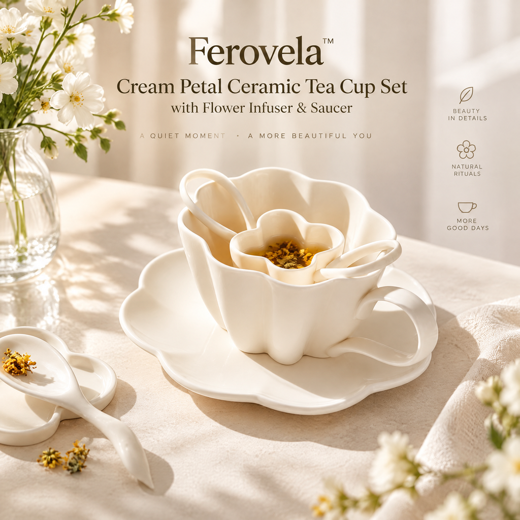 Ferovela™ Cream Petal Ceramic Tea Cup Set with Flower Infuser & Saucer