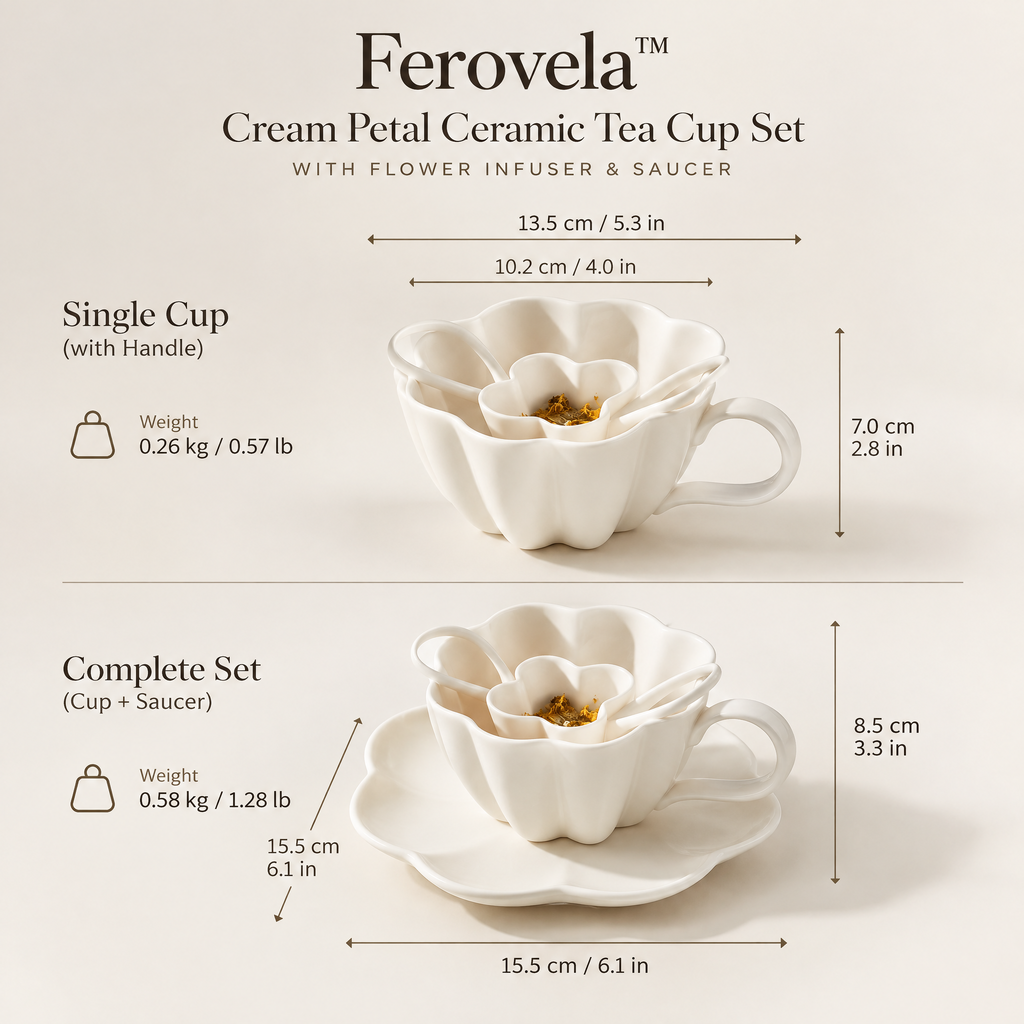 Ferovela™ Cream Petal Ceramic Tea Cup Set with Flower Infuser & Saucer